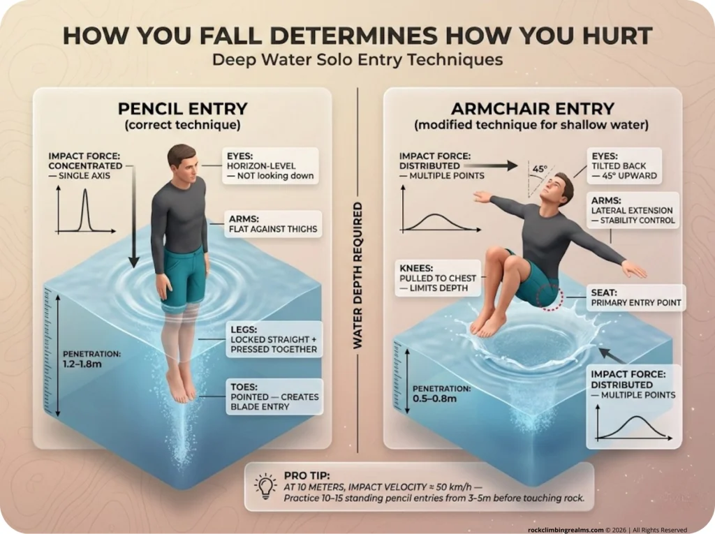Infographic comparing pencil and armchair fall entries with force arrows, impact zones, body alignment labels, and depth penetration markers