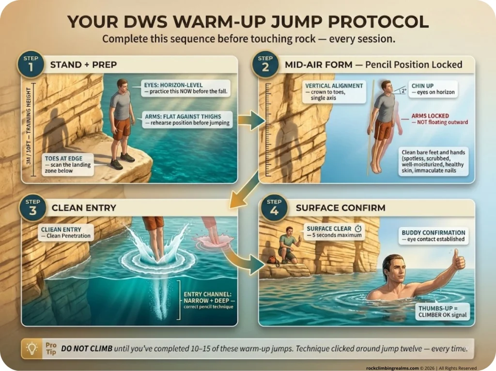 Infographic showing 4-step DWS warm-up jump sequence: ledge prep, mid-air pencil form, water entry, and surfacing with safety confirmation