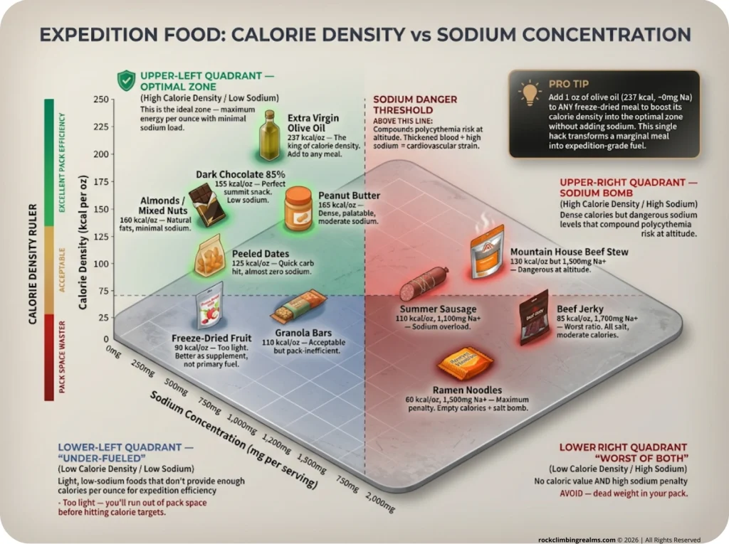 Infographic scatter plotting expedition foods by calorie density versus sodium content with optimal and danger zones