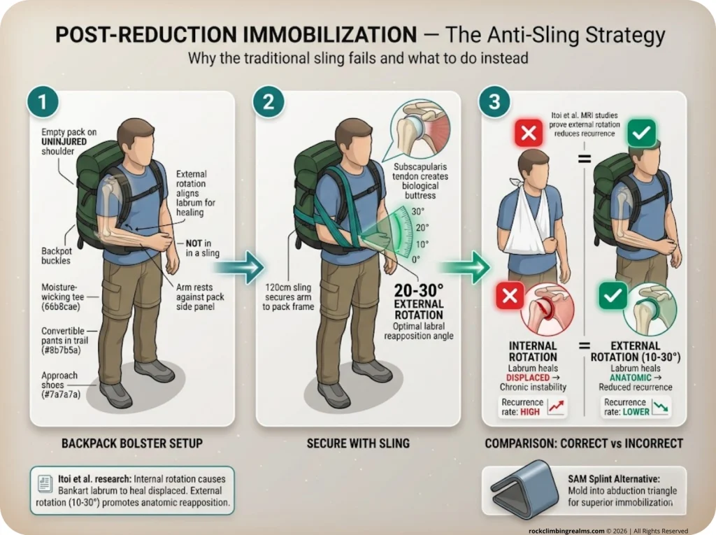 3-frame sequence showing backpack bolster method for external rotation shoulder immobilization vs traditional sling