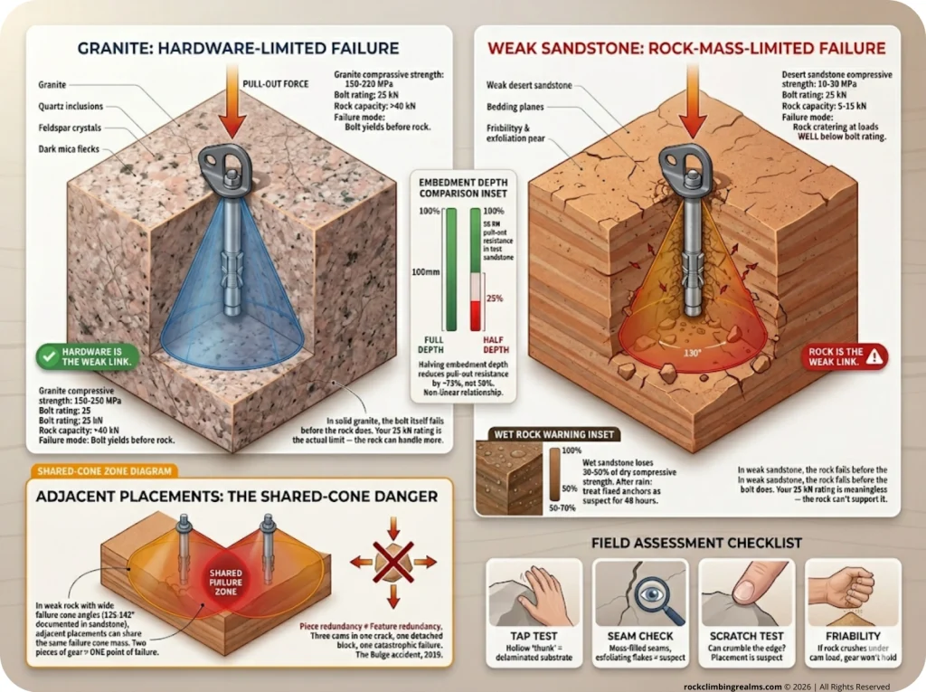 Infographic comparing failure cone diagrams for granite vs weak sandstone with embedment depth and shared-cone zones