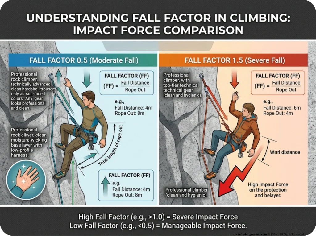 Infographic comparing Fall Factor 0.5 vs 1.5 with fall distance math, rope-out ratios, and resulting impact force in kN on top gear