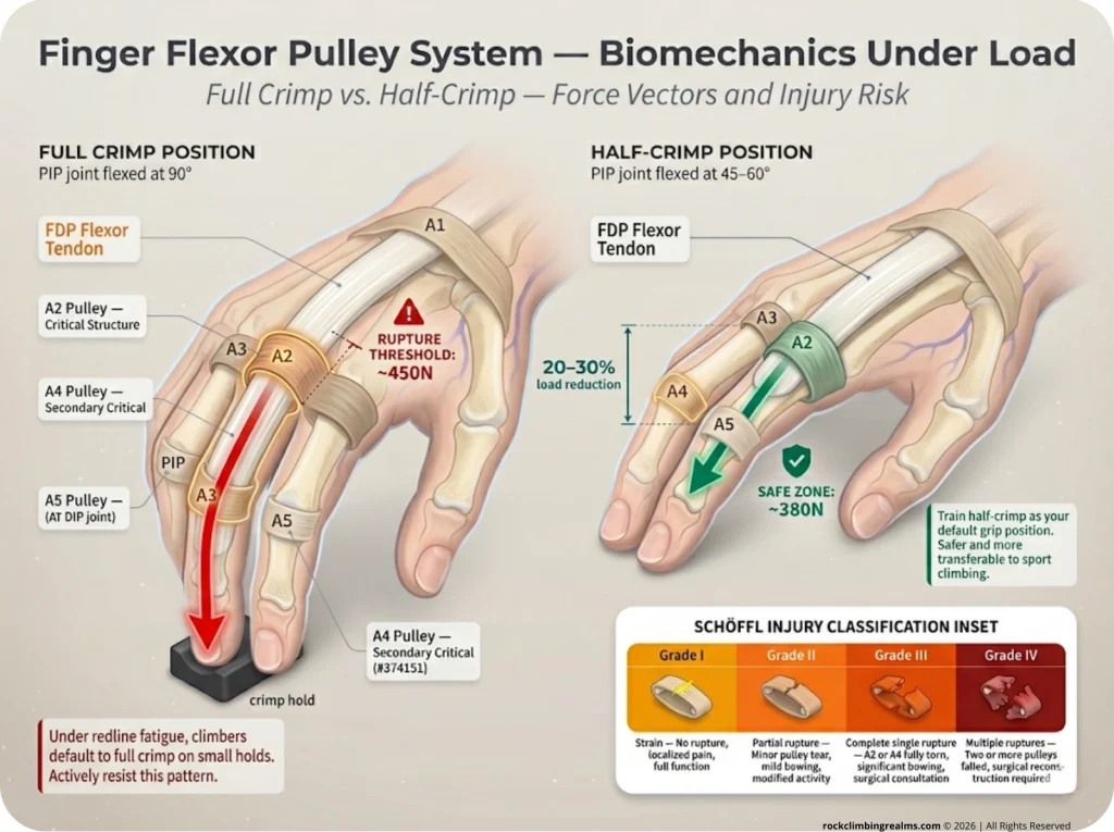 Infographic showing finger flexor pulley system anatomy with A2/A4 pulleys, crimp force vectors, and Schöffl injury grades