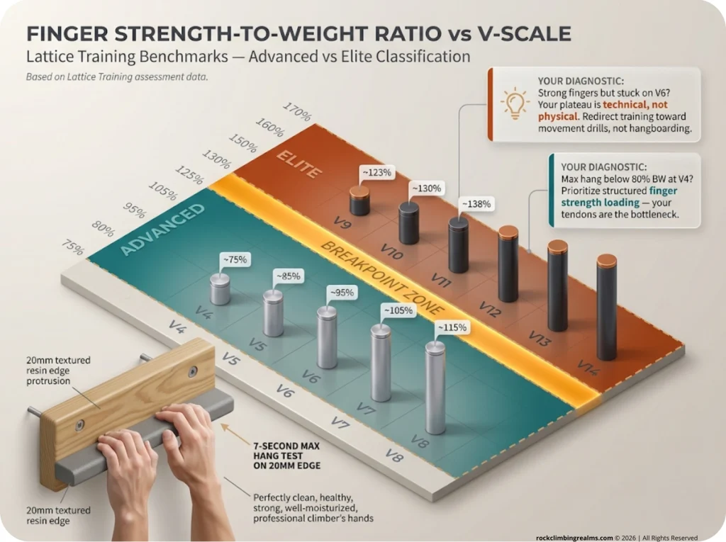 Infographic showing Lattice Training finger strength-to-weight ratio benchmarks mapped against V-Scale grades for Advanced and Elite climbers