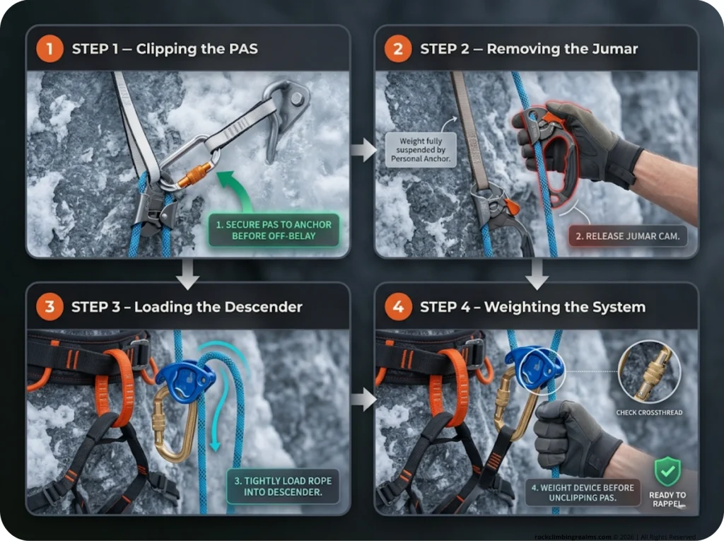 Four-panel infographic demonstrating the step-by-step transition from jumar ascension to rappel at a fixed-line anchor