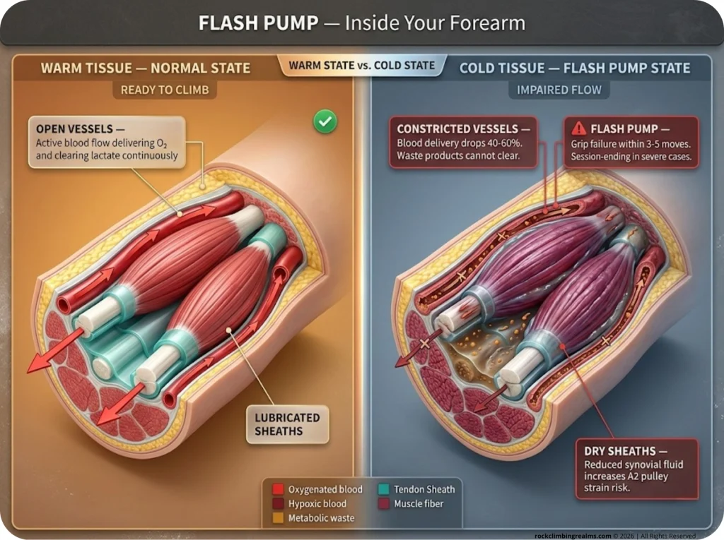 Infographic showing forearm anatomy cutaway comparing blood flow and waste buildup in warm vs. cold tissue during flash pump