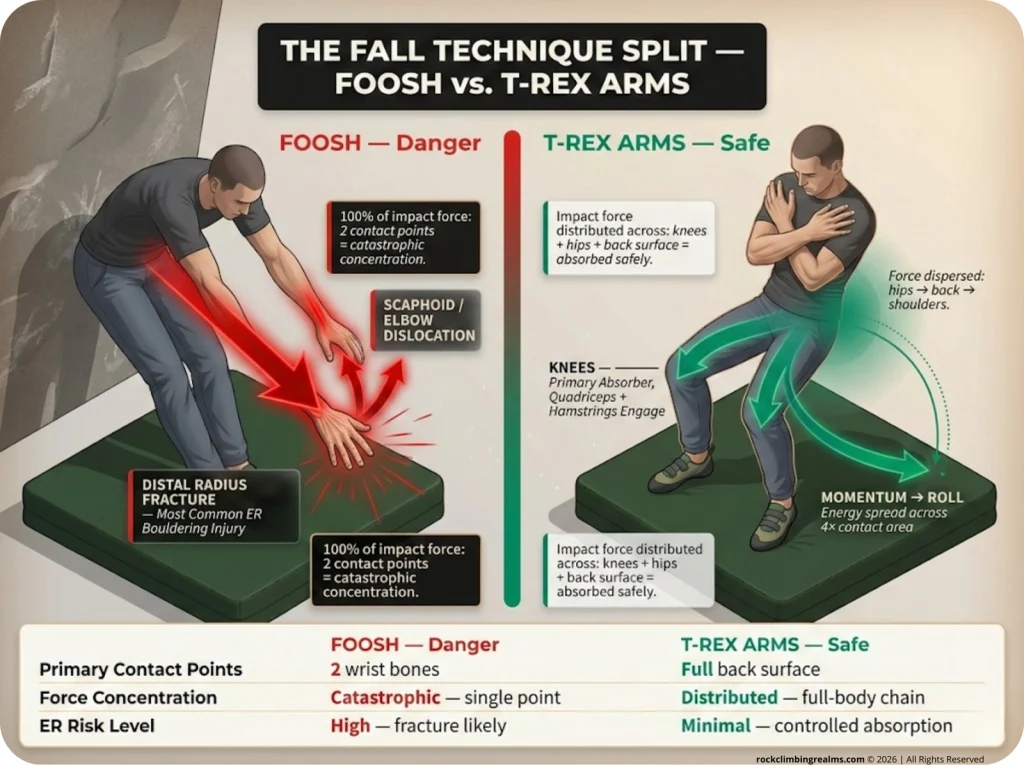 Infographic showing FOOSH wrist impact versus T-Rex arms force distribution with red danger arrows and green safe path labels