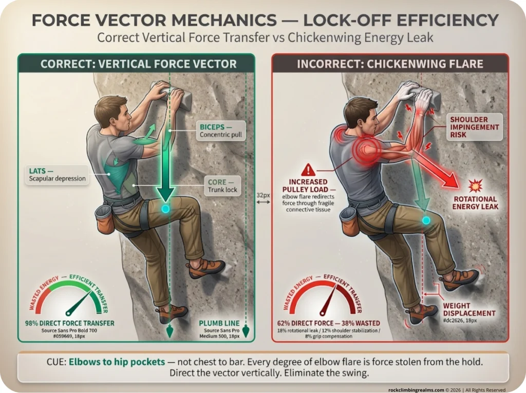 Infographic showing proper vs chickenwing force vectors on a climbing lock-off with directional energy arrows and joint stress indicators