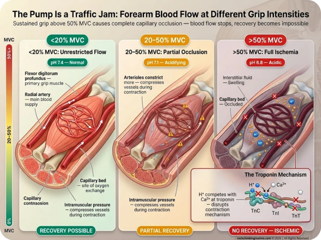 Cross-section infographic showing forearm blood flow at three grip intensities with color-coded capillary beds and pH disruption mechanism