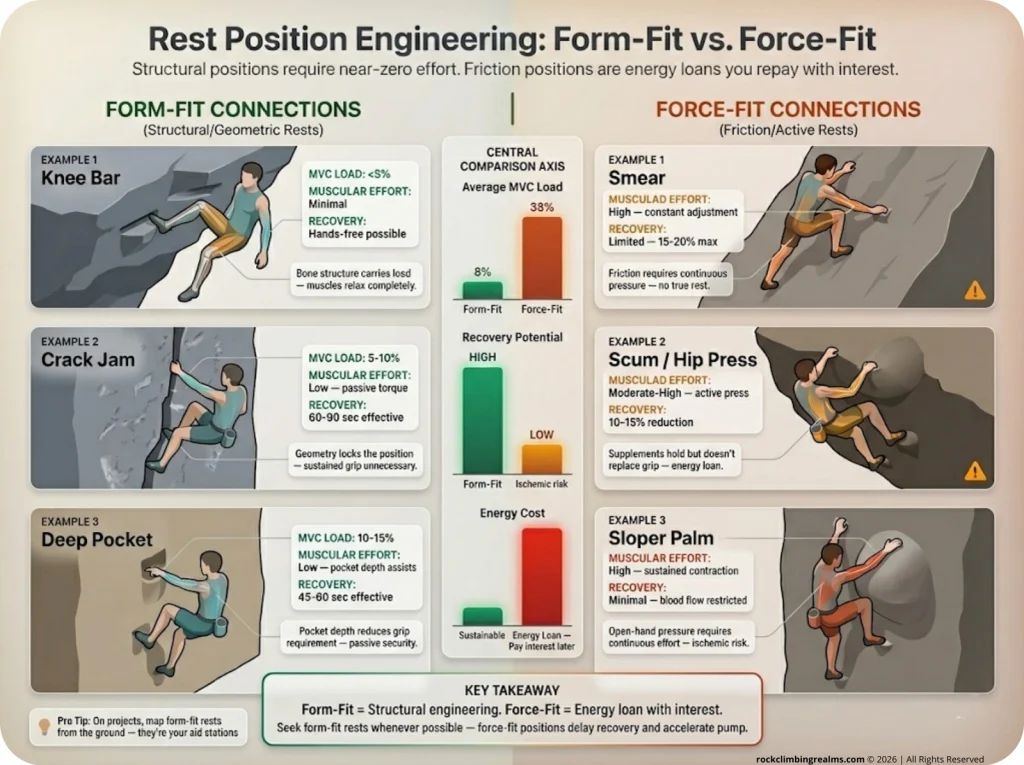 Side-by-side infographic comparing Form-Fit vs Force-Fit rest positions with MVC load, muscular effort, and recovery metrics