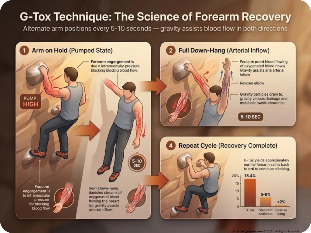 4-panel infographic showing G-Tox technique sequence with arm positions, timing annotations, and blood flow indicators