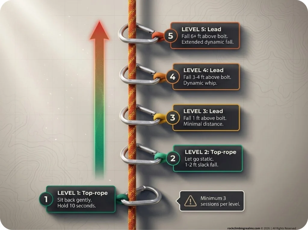 Infographic showing 5 levels of the graded exposure falling ladder for climbing with specific drills and fall distances
