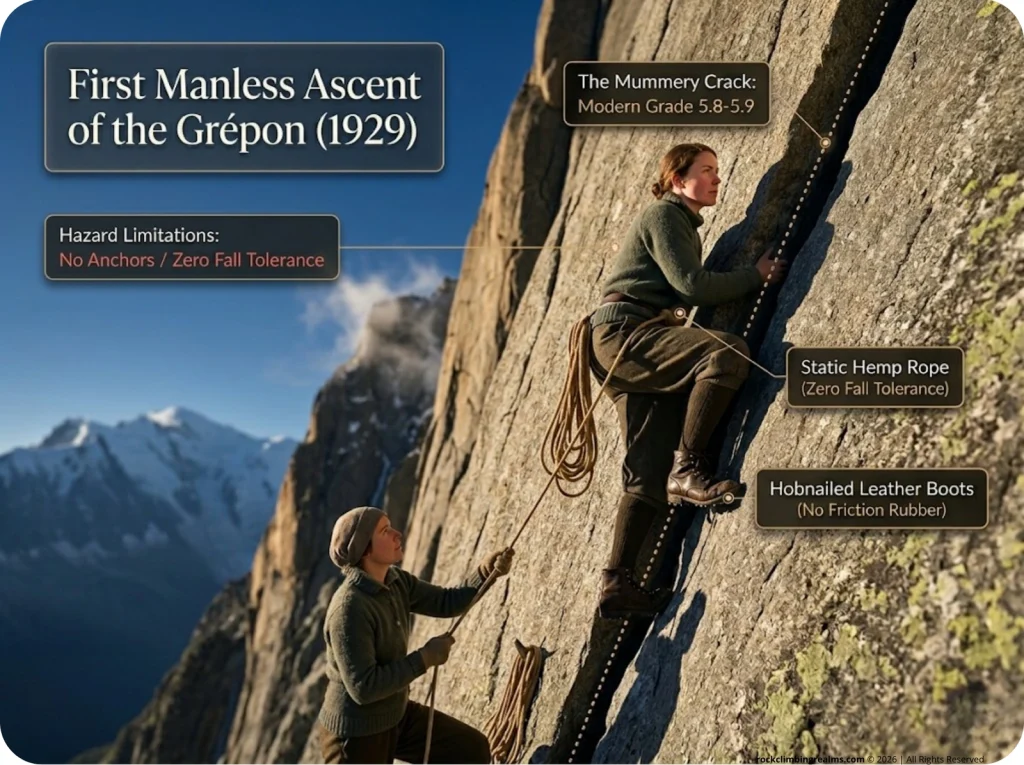 Photorealistic recreation of the 1929 manless ascent of the Aiguille du Grepon highlighting the Mummery Crack and era-specific climbing gear