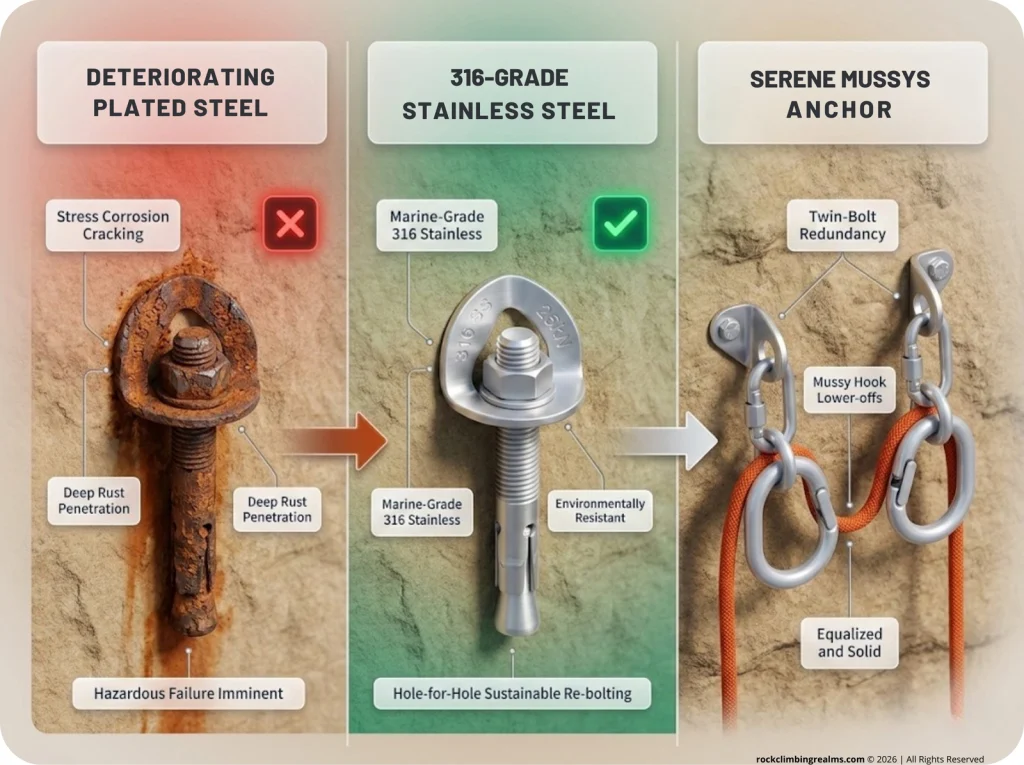 Infographic showing 3-part sequence of rusted bolt deterioration, pristine stainless steel replacement, and full SERENE anchor on mussy hooks