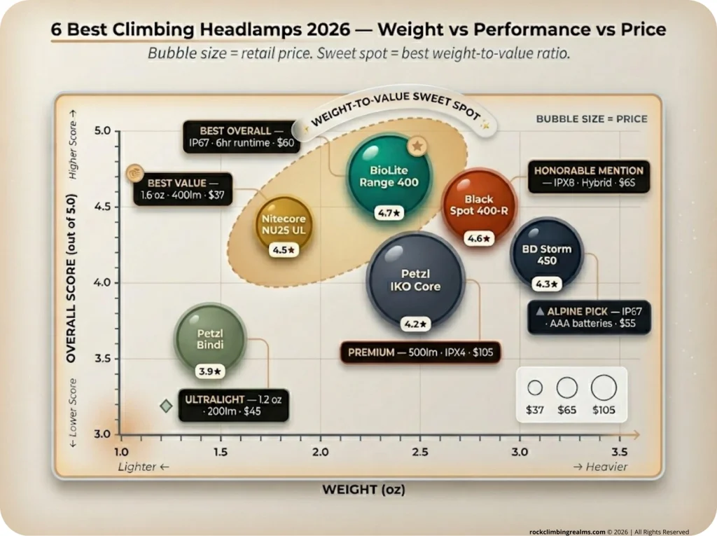 Scatter plot infographic comparing 6 climbing headlamps by weight, overall score, and price with labeled data points and value zones