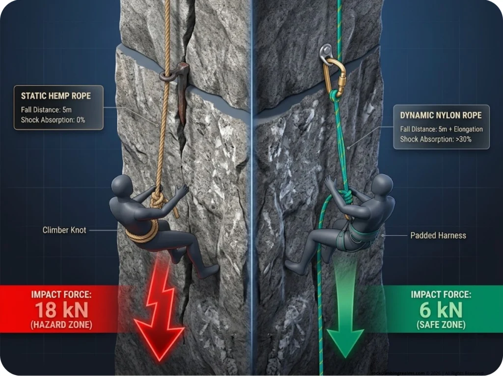 Infographic showing physical impact force difference between a static hemp rope and modern dynamic rope during a 5-meter climbing fall