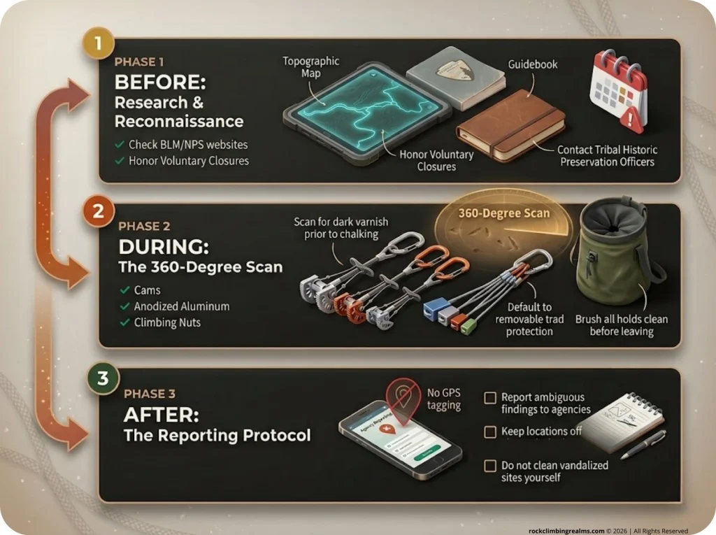 Infographic showing 3-phase cultural heritage climbing checklist with before, during, and after stewardship protocols