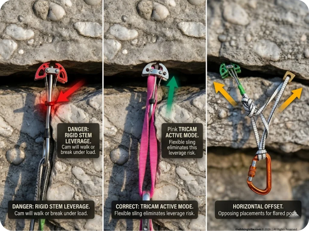 Photo sequence showing vertical crack cam failing in a horizontal pod versus correct Tricam placement and horizontal offset techniques