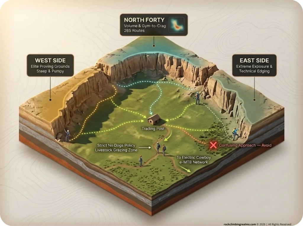 Topological map infographic of Horseshoe Canyon Ranch showing East, West, and North Forty climbing sectors with approach trails