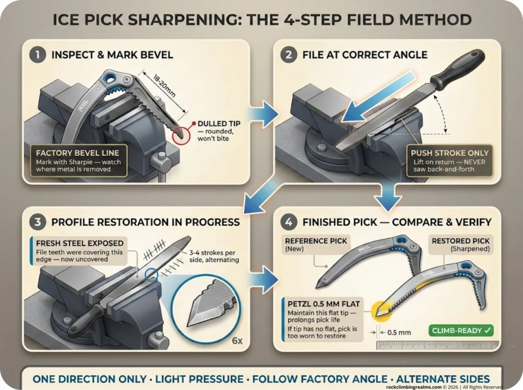 Infographic showing 4-step ice pick sharpening sequence with marker bevel line, file angle, fresh metal exposed, and Petzl 0.5mm flat callout