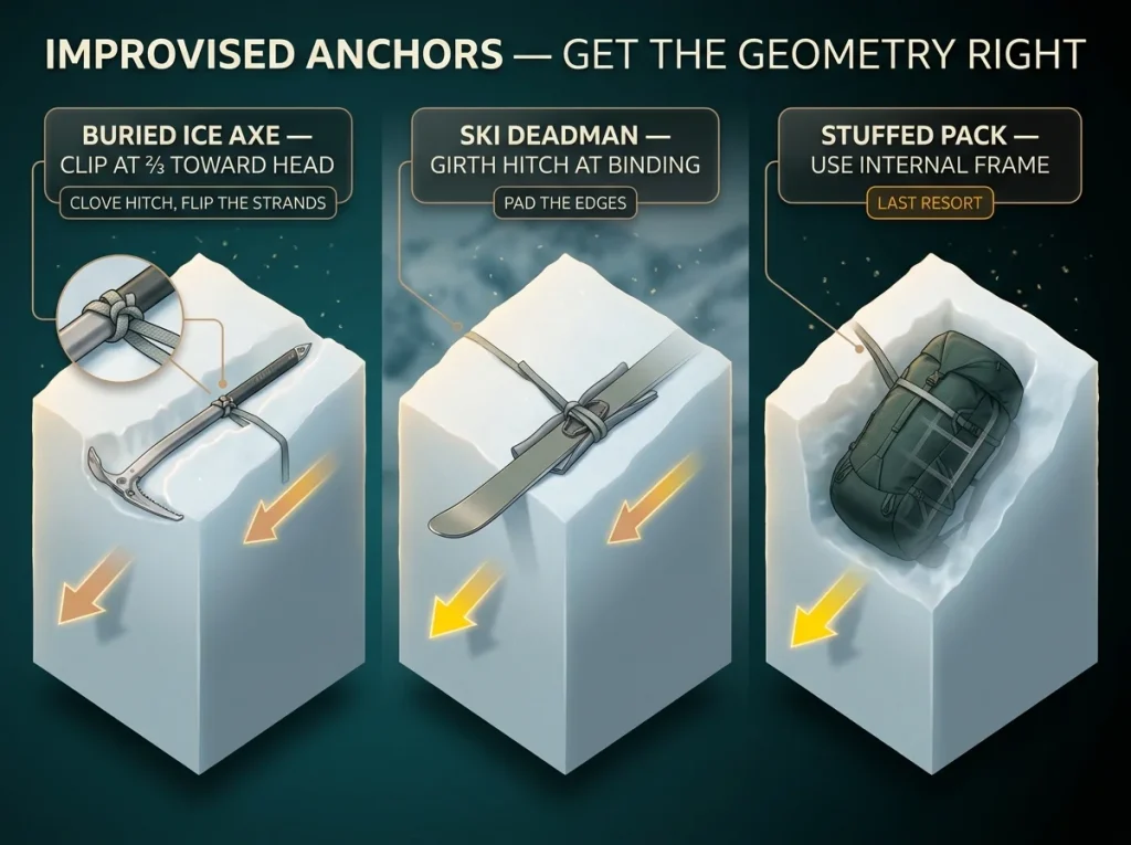 Comparison cross-sections of ice axe, ski, and packed backpack buried as snow anchors with sling attachment points