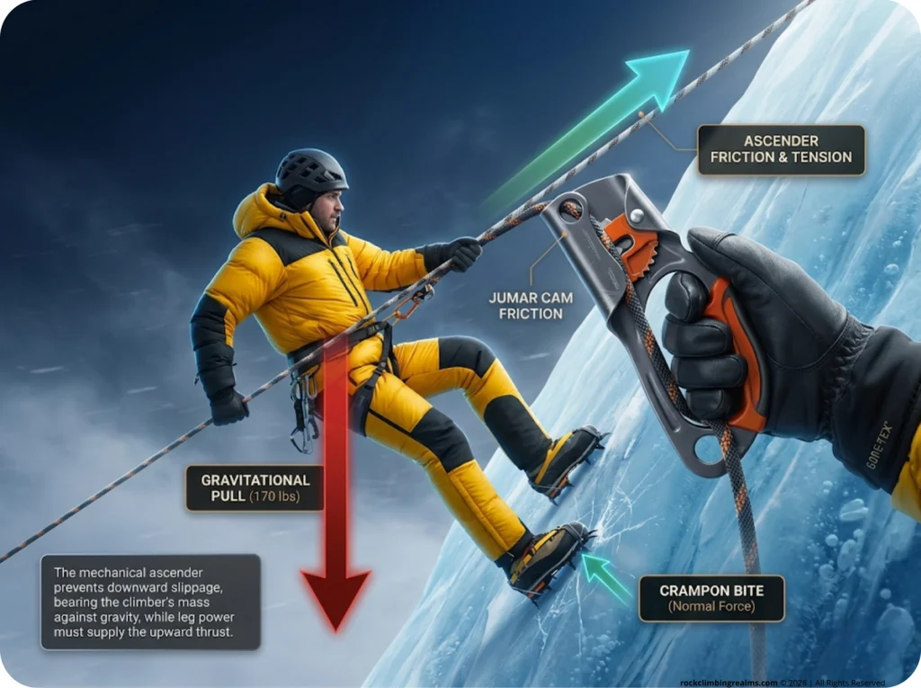 Infographic showing physics vector diagram of a climber on an icy slope with labeled gravitational force, jumar mechanical friction, and static rope tension