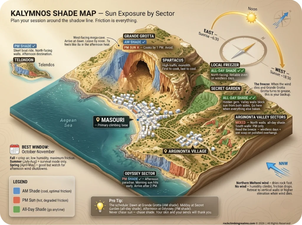 Infographic showing Kalymnos coastline shade map with color-coded AM and PM sun exposure blocks for major climbing sectors