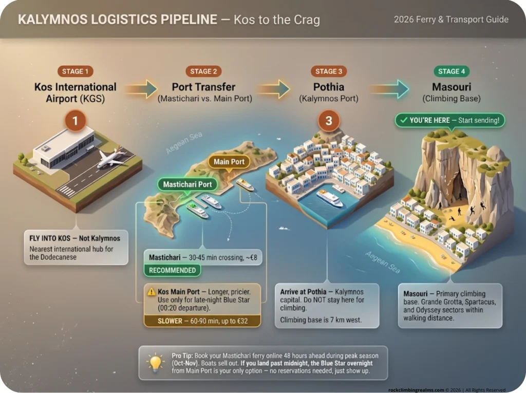 Infographic showing the Kos-to-Kalymnos ferry logistics pipeline with airport transfer, port options, and arrival at Masouri climbing base
