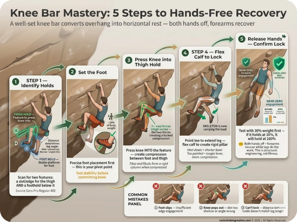 5-step infographic showing knee bar setup sequence with hold identification, foot placement, and hands-free confirmation