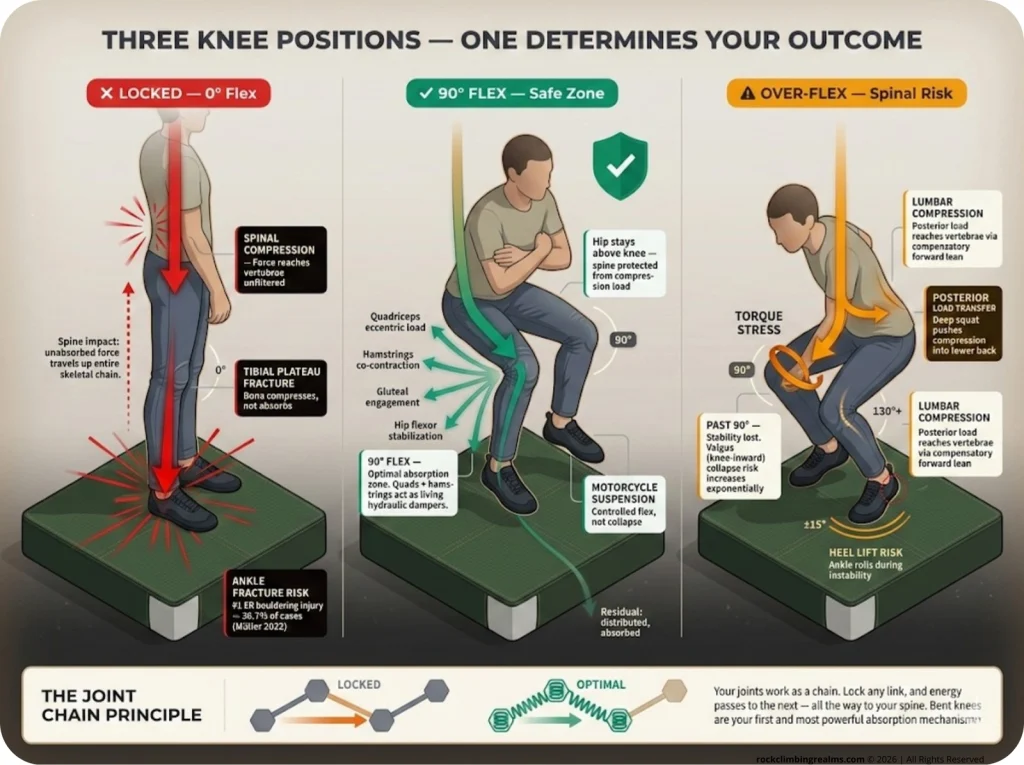 Infographic showing three knee positions at bouldering landing — locked, 90° optimal, and deep squat — with impact force chain arrows