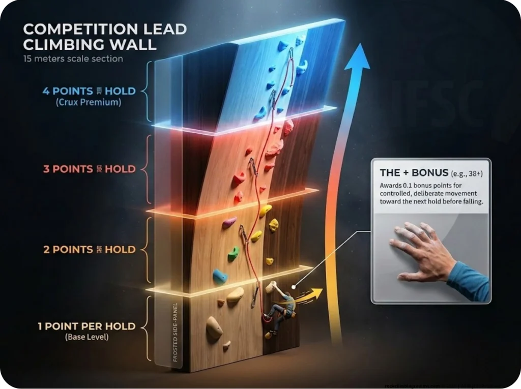 Infographic showing the lead climbing 40-hold point distribution curve with highlighted plus score bonus