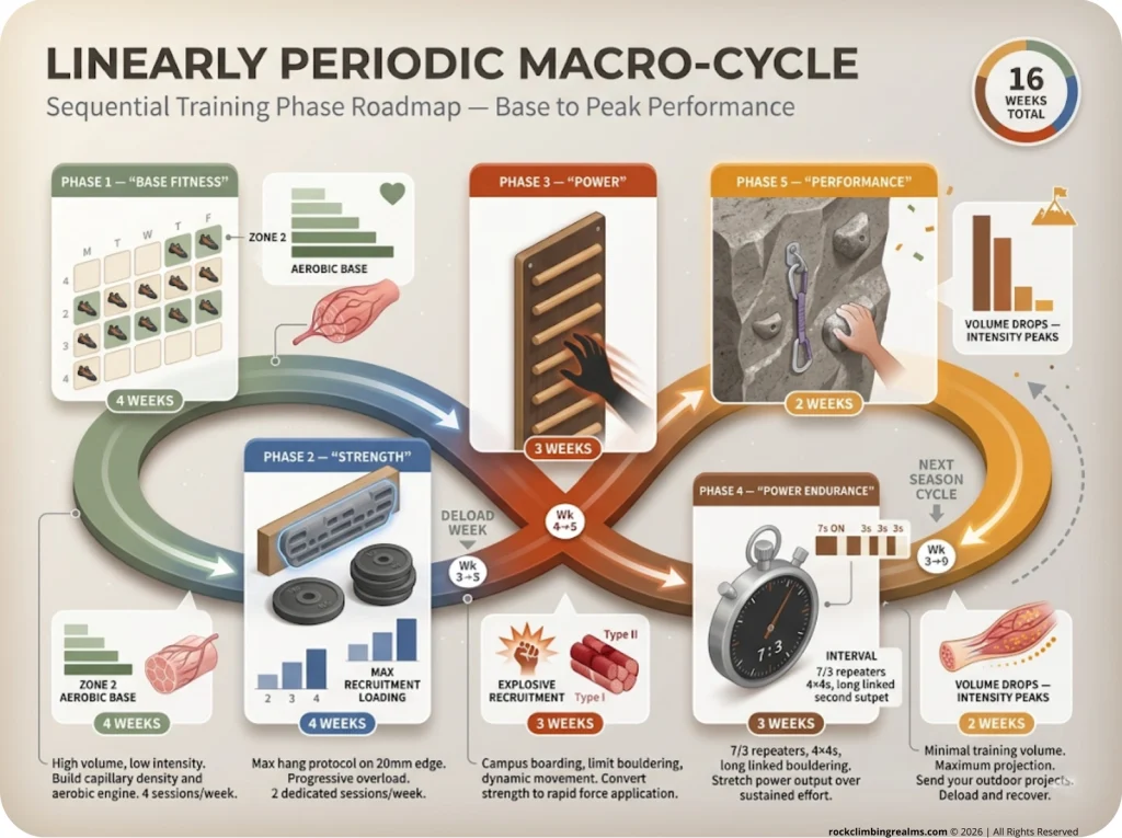 Infographic showing the 5-phase linearly periodic macro-cycle for climbing training with Base Fitness through Performance peaking phases