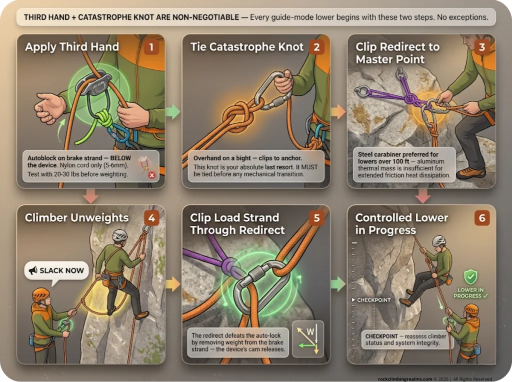 Infographic showing 6-step LSD lower method with friction hitch, catastrophe knot, redirect, and controlled descent