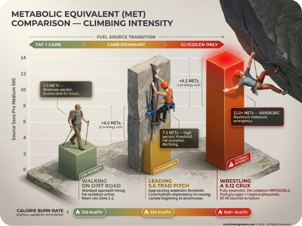 Infographic comparing MET values across dirt road walking, 5.6 trad leading, and 5.12 crux climbing with intensity labels