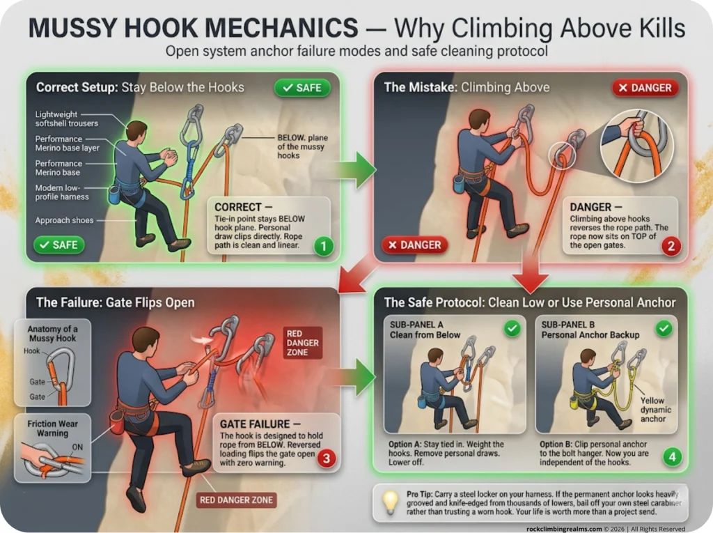 Infographic showing step-by-step mussy hook failure sequence with rope flip danger, correct and incorrect anchor cleaning techniques