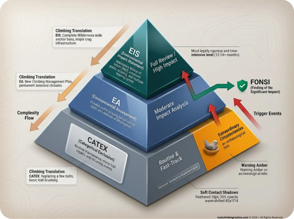 Infographic showing the 3-tier NEPA pyramid for climbing access with CATEX, EA, and EIS levels and decision pathways.