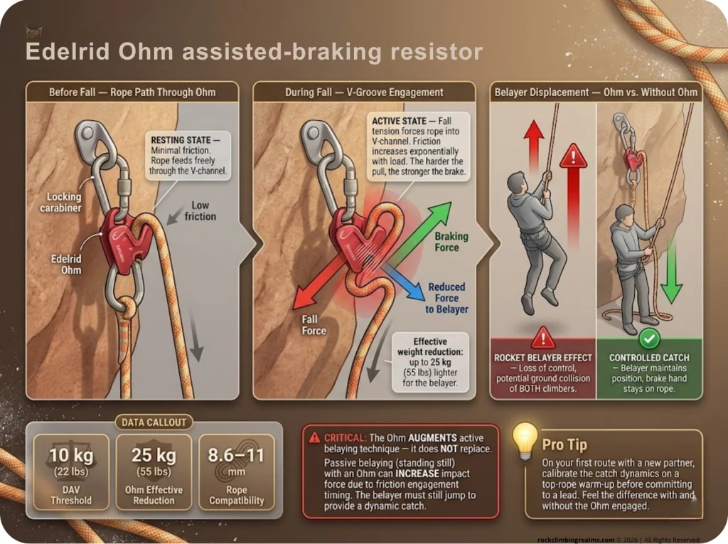Infographic showing Edelrid Ohm V-groove braking mechanism during a fall with force vectors, weight reduction data, and belayer displacement comparison