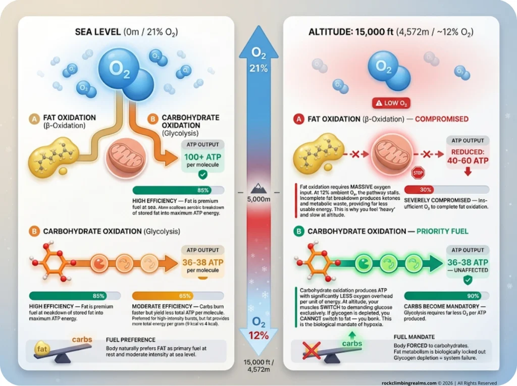 Infographic showing carbohydrate vs fat oxidation efficiency at sea level and 15,000 feet with oxygen availability flow comparison