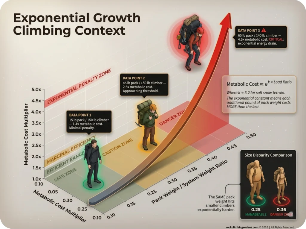 Infographic showing exponential metabolic efficiency penalty as pack-weight-to-body-weight ratio increases with labeled danger zones