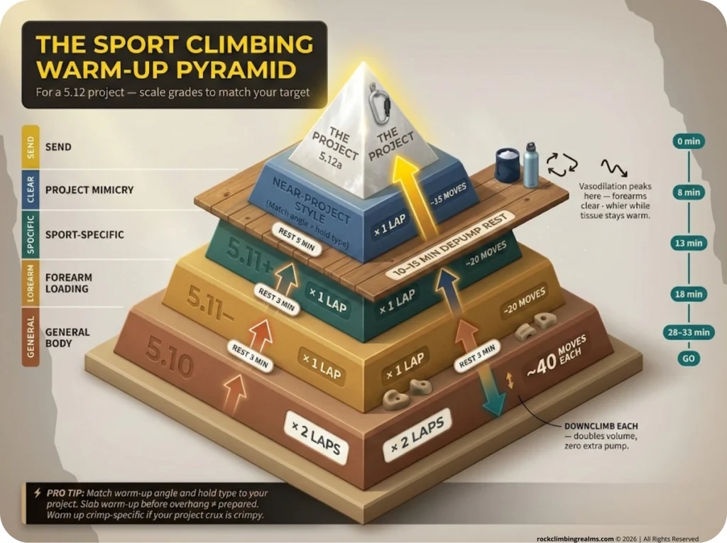 Infographic showing sport climbing warm-up pyramid with grade levels, move counts, rest times, and project send at peak