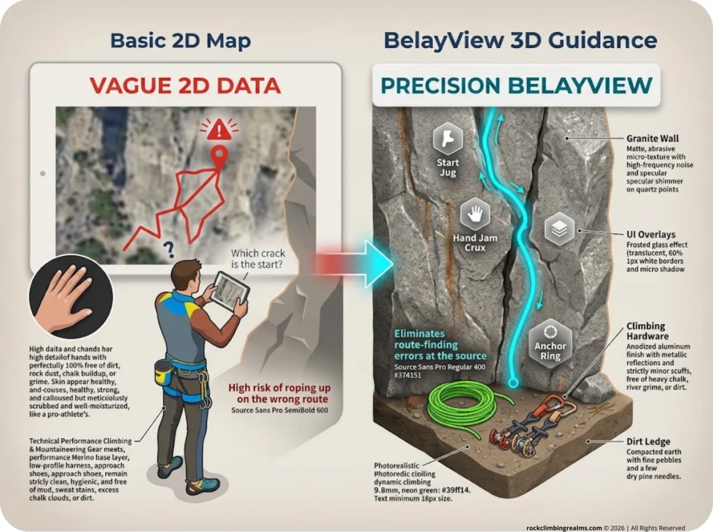 Infographic comparing Rakkup's BelayView 3D navigation against Mountain Project's basic 2D red-line map for route finding.