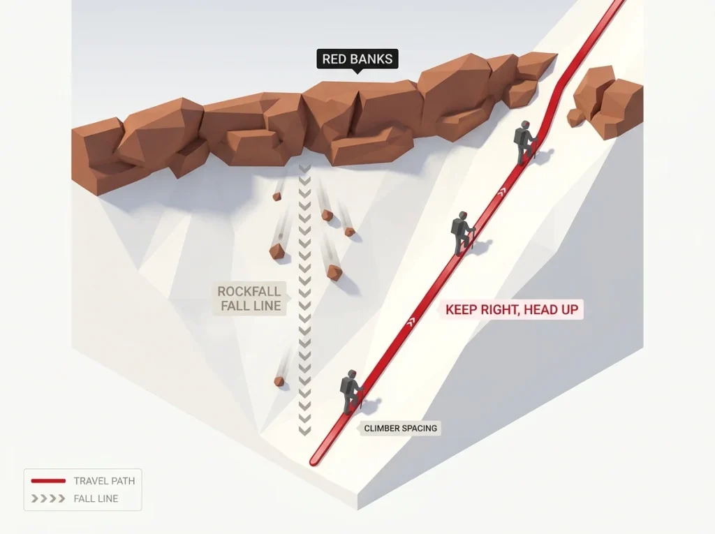 Annotated diagram of Red Banks on Mount Shasta showing rockfall fall-line and safe keep-right travel path