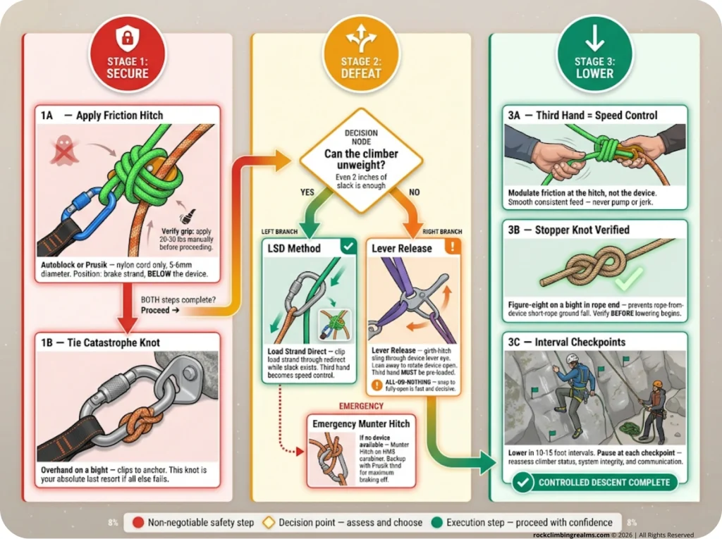 Infographic showing rescue lower decision tree with secure, defeat, and lower stages color coded by safety priority