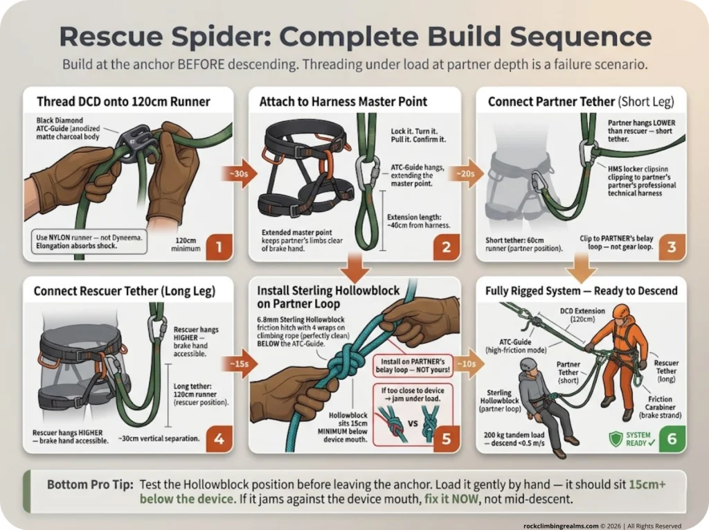Infographic showing 6-step Rescue Spider rigging sequence with labeled components and measurements