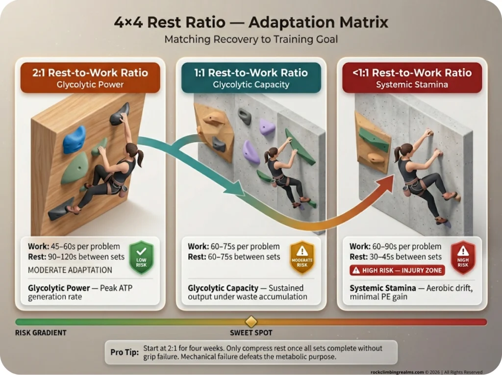 Infographic comparing three 4x4 rest-ratio configurations with target adaptations, climber levels, and color-coded risk levels