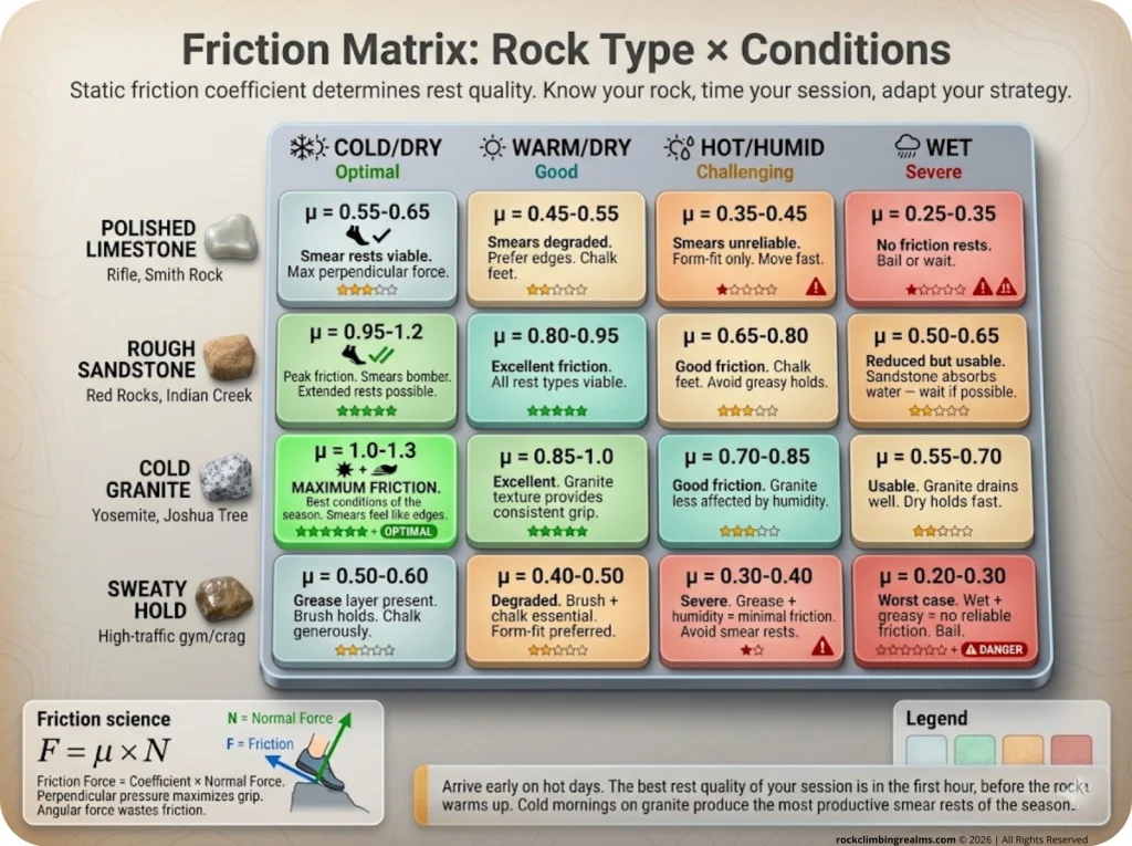 4x4 matrix infographic comparing rock types and conditions with friction coefficients and rest strategy recommendations