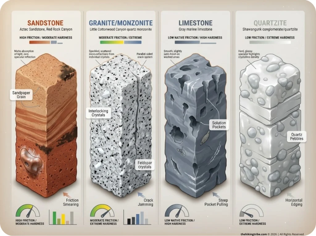 Infographic showing side-by-side comparison of sandstone, granite, limestone, and quartzite with friction and hardness details