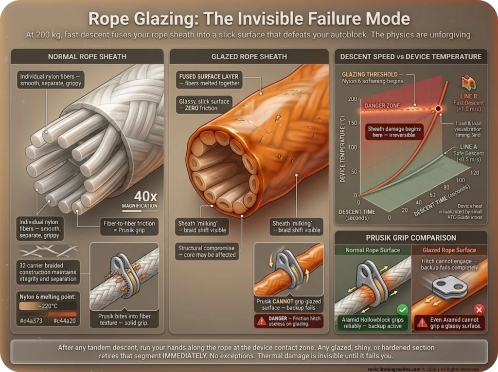 Infographic showing rope sheath glazing cross-section with descent speed vs temperature timeline and Prusik grip comparison
