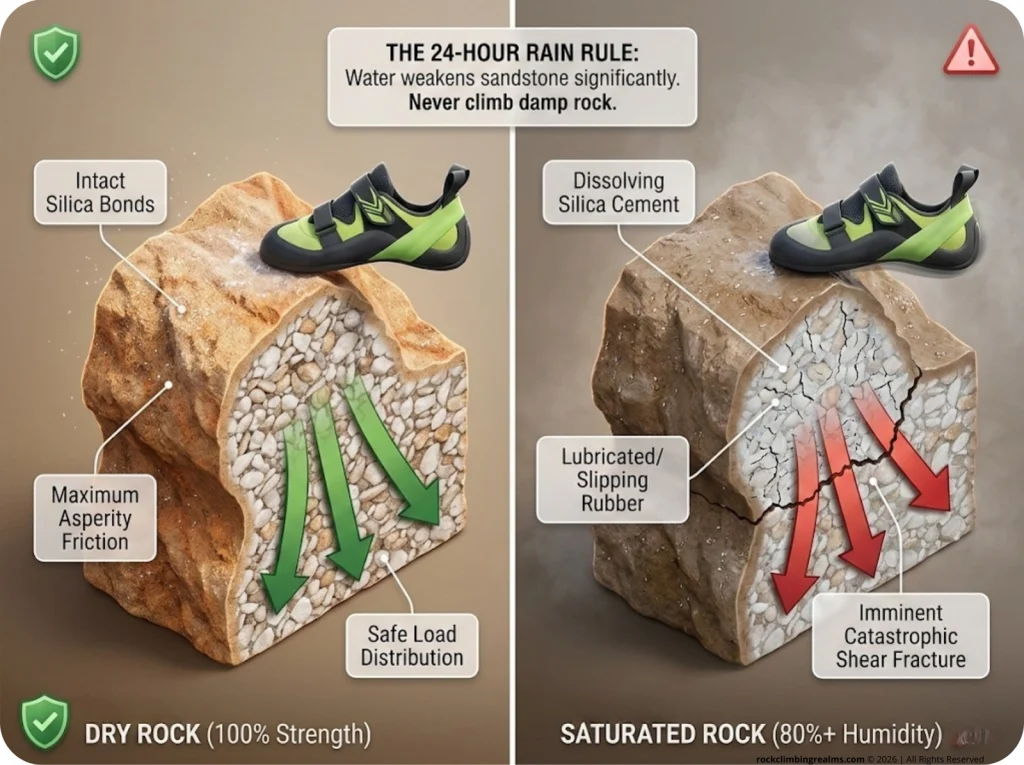 Infographic comparing sandstone chickenhead mechanical forces on dry versus saturated rock with force diagram arrows and structural labels