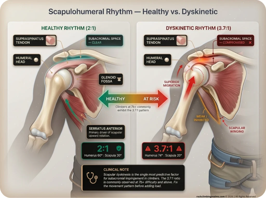 Infographic comparing healthy 2:1 vs dyskinetic 3.7:1 scapulohumeral rhythm with labeled supraspinatus tendon and subacromial space